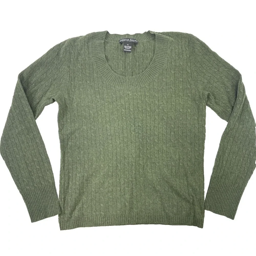 Marina‎ Luna 2-Ply Cashmere Sweater Green Pullover Fitted Cable Knit Womens XL